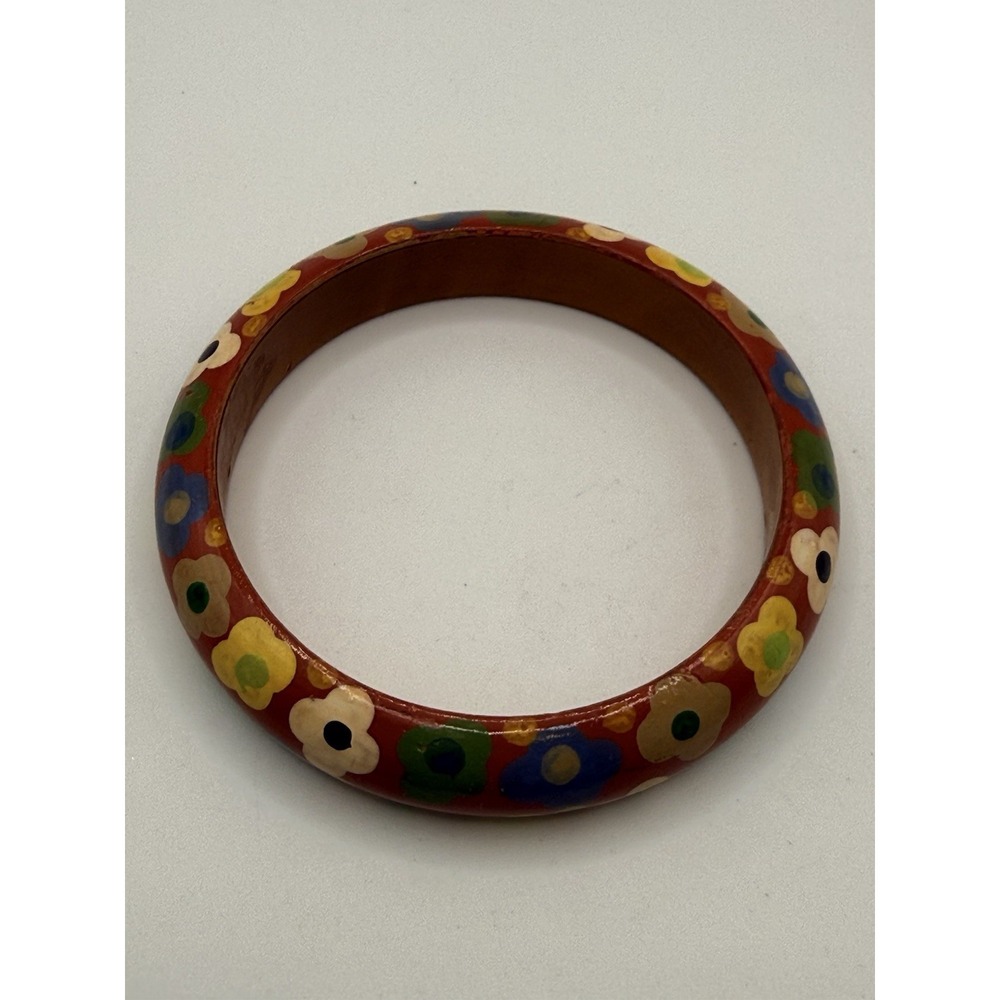 Painted Wood Bangle Bracelet Flower Power 8" - Picture 3 of 5